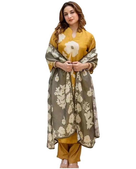 ANNI DESIGNER Women’s Cotton Kurta Pant Dupatta Set | Mustard Yellow Kurta Set for Women | Turmeric Yellow 3-Piece Suit Set | Festival Ethnic Dress
