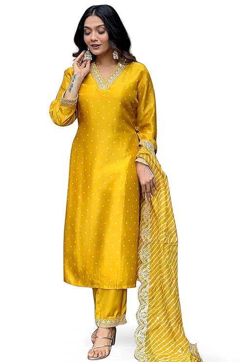 Jwalin Women’s Chinon Silk Embroidered Kurta and Pant Set with Dupatta|Kurta Set for Women|Ethnic Set|Kurti Set