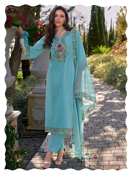 INDO ERA Women’s Straight Pure Cotton Floral Embroidered Kurta & Pant with Dupatta Set (IEOUT10724)