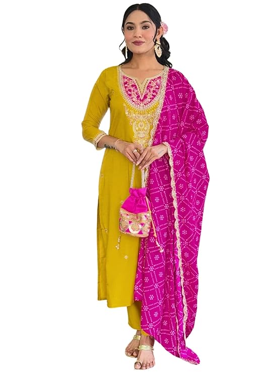 Naixa Women’s BSY Viscose Embroidered Straight Kurta with Pant and Dupatta Sets (Available in Plus Size) (NX-628)