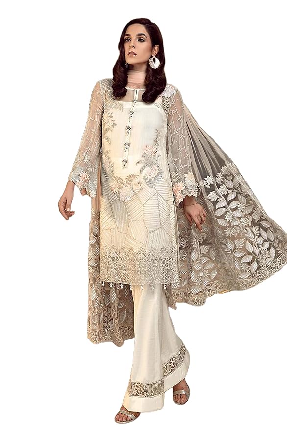 Miss Ethnik Women’s Pakistani Suit Off-White Faux Georgette Semi Stitched Top With Unstitched Santoon Bottom and Net Dupatta Embroidered Straight Kurta Dress Material (Kurta Palazzo Set) (1038)