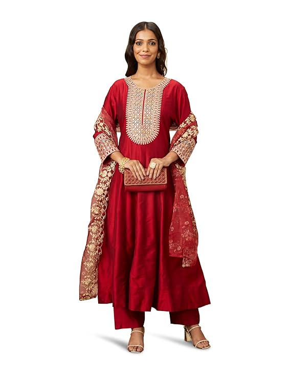 Amazon Brand – Myx Women’s Embroidered Anarkali Kurta Pant Set with Organza Dupatta | Viscose,Rayon | A-line fit (Available in Plus Sizes)