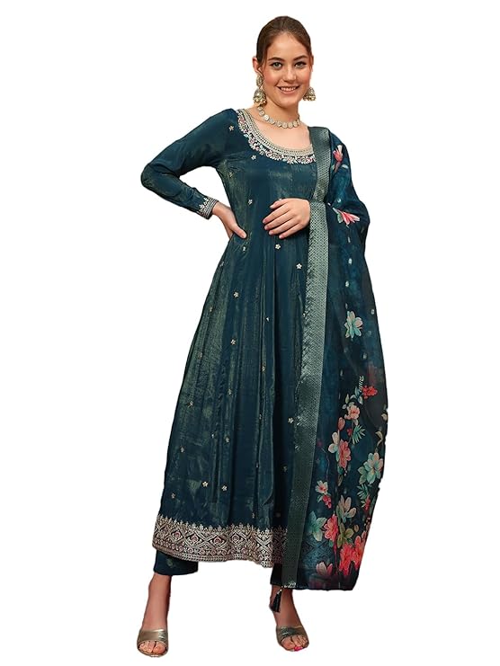 SHOPPING QUEEN Women’s Silk Embroidered Kurta, Pyjama & Dupatta Set