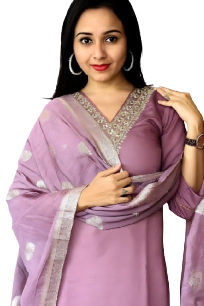 Women’s Chanderi Silk Kurti with Rayon Slub Pants & Dupatta | Printed Three-Quarter Sleeve Ethnic Set