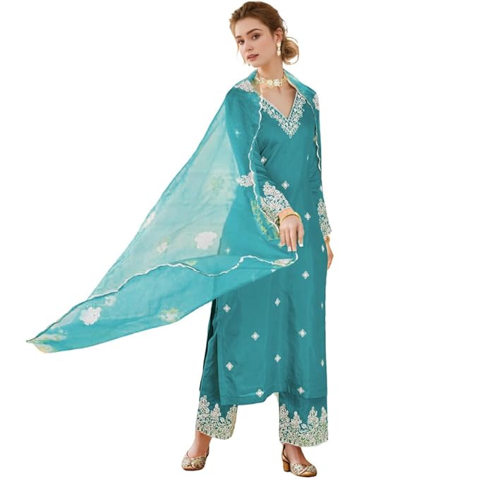 SHIENZY Women’s Embroidered Chanderi Kurta Pant Set With Net Dupatta | V Neck, 3/4 Sleeve Ethnic Set | Outfit for Festive & Office Wear (1657 Kurta Set)