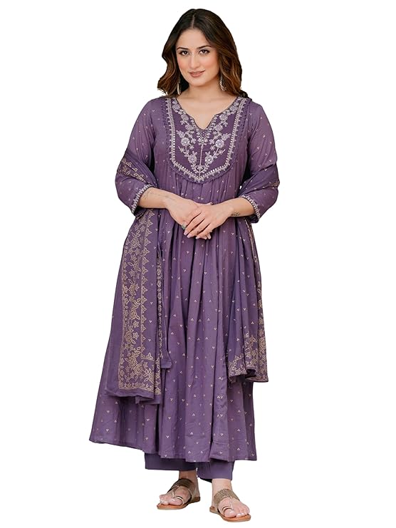 Arayna Women’s 100% Pure Cotton Anarkali Kurta Set with Pant & Dupatta | Embroidered Flared Kurta | Elegant Ethnic Suit