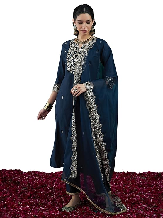 INDO ERA Women’s Viscose Embroidered Straight Kurta & Pant with Dupatta Set, Kurta Set