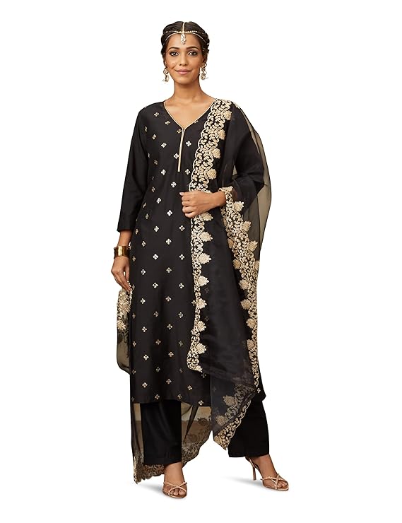 Amazon Brand – Myx Women’s Kurta Pant Set with Embroidered Organza Dupatta | Viscose,Rayon | A-line fit (Available in Plus Sizes)