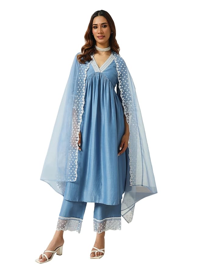 FIORRA Women’s Silk Blend Embroidered Nayra Cut Kurta Palazzo With Dupatta Set