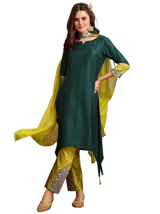 EthnicJunction Women’s Cotton Silk Embroidered Asymmetric Kurta Pant with Choker Dupatta Set | Wedding Outfit | Heavy | Kurta Set | Ethnic Set