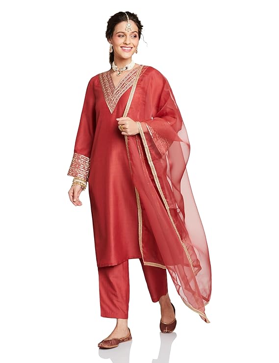 Amazon Brand – Myx Women’s Embroidered Pakistani Suit Set with Organza Dupatta (Available in Plus Sizes)