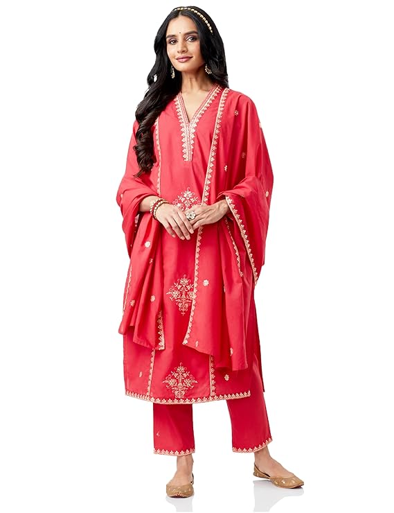 Amazon Brand – Myx Women’s Embroidered Cotton Kurta Pant Set with Dupatta (Available in Plus Sizes)