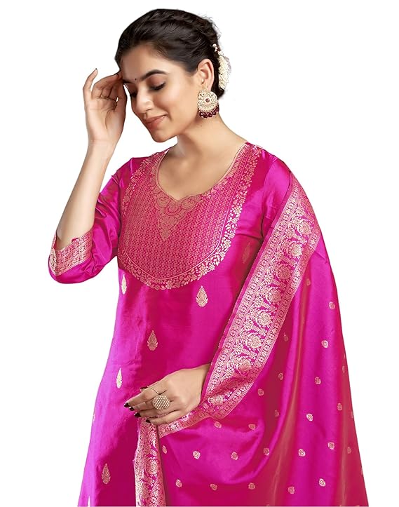 SIRIL Women’s Rayon Viscose Banarasi Jacquard Zari Woven Straight Kurta Pant with Dupatta Set