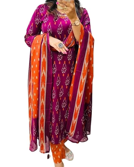 JD Finishing Women’s Ikat Print Kurta Set with Dupatta, Purple and Orange, Traditional Indian Ethnic Wear