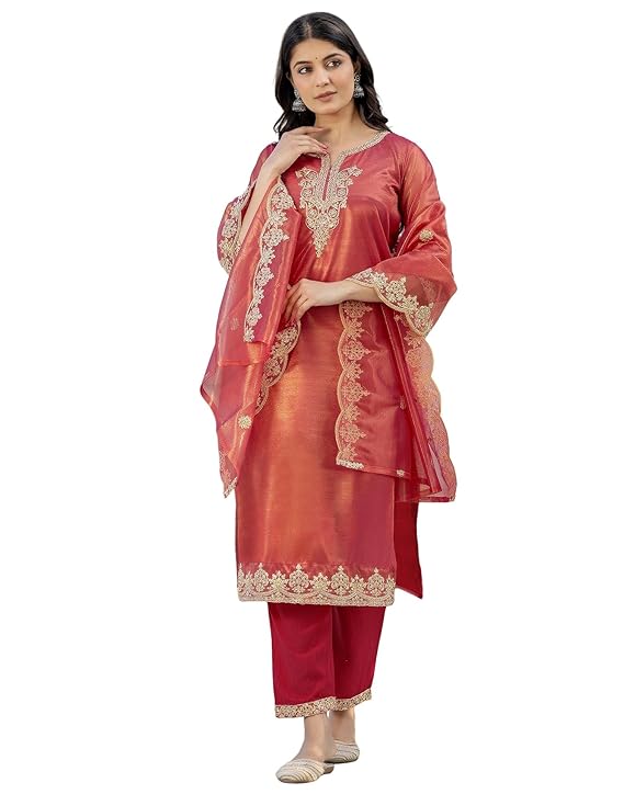 SIRIL Women’s Shimmer Net Sequence Embroidery Straight Kurta Pant with Dupatta Set