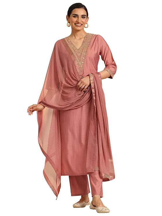 Libas Gerua Womens Solid Silk Blend Straight Kurta With Trousers and Dupatta