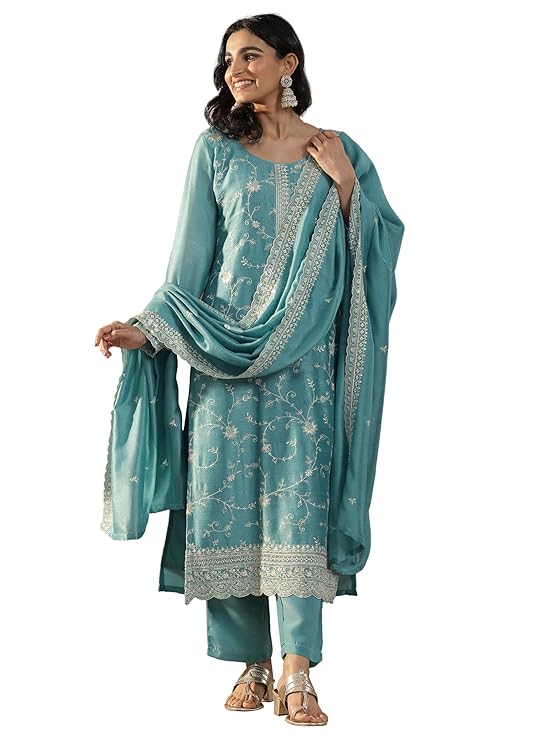 Libas Womens Embroidered Silk Blend Straight Kurta With Trousers and Dupatta