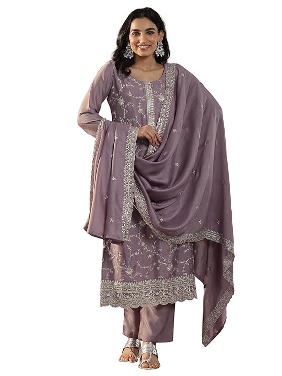Libas Embroidered Silk Blend Straight Kurta With Trousers and Dupatta