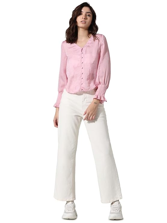 ONLY Women Polyester Regular Self Design V-Neck Puff Sleeves Shirt Style Top