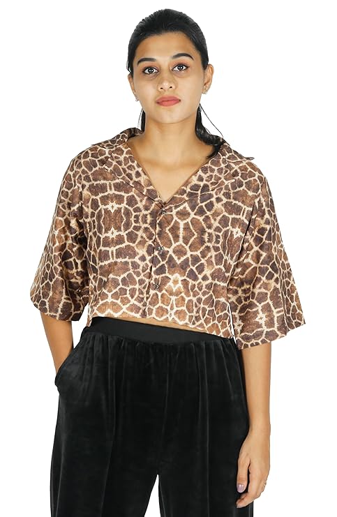 Giraffe Printed Lapel Collared Crop Shirt with Button Front, 3/4 Sleeves, Brown and Beige