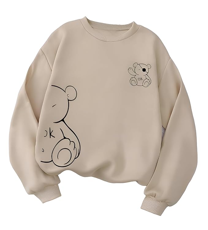Sweatshirt for Girls & Women – Cute Cartoon Bear Print | Casual Winter Wear Pullover Top | Trendy Unisex Sweatshirt for College