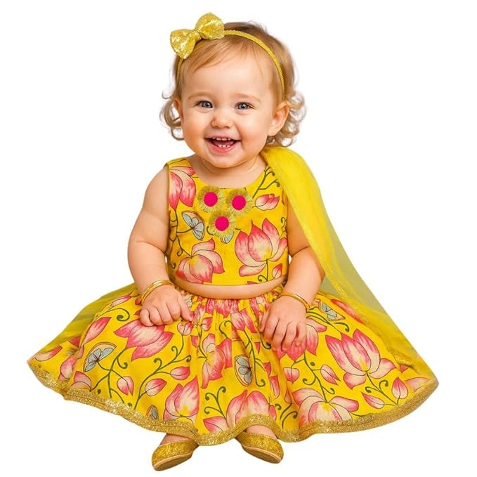 A.T.U.N. (ALL THINGS UBER NICE) Baby Girls Cotton Ethnic Floral Lehenga Choli Set with Lace & Dupatta | Traditional 3-Piece Festive Outfit for Kids