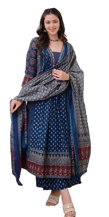 KLOSIA Women’s Rayon Printed Anarkali Kurta and Pant with Dupatta Set