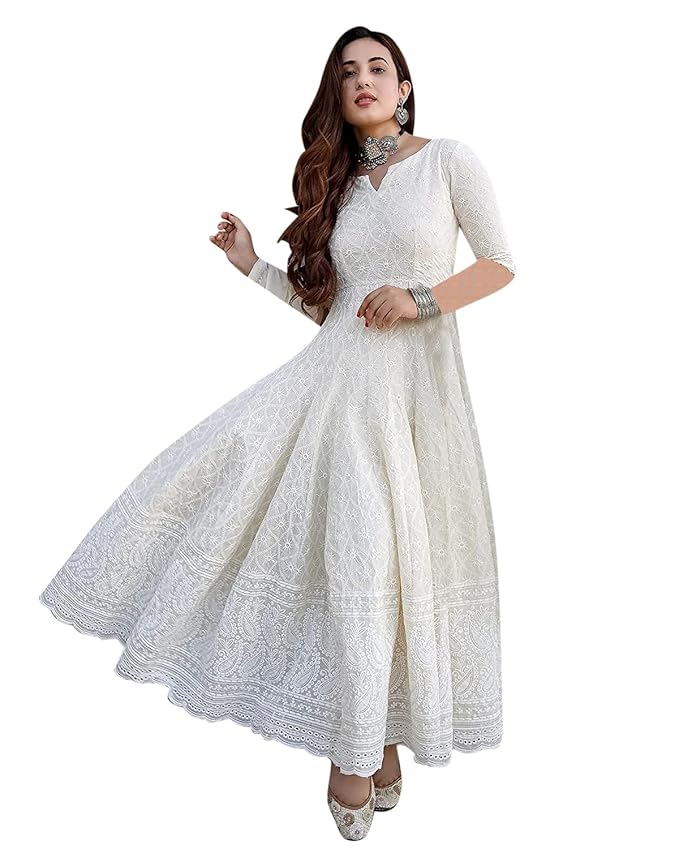 LookMark Women’s Cotton Straight Fit Straight Chikankari Long Kurti Gown