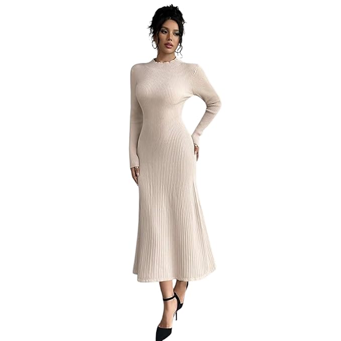 TRAQUILA Women’s Fit & Flare Maxi Dress | Long Sleeves | Round Neck | Soft, Stretchable Lycra | Casual wear