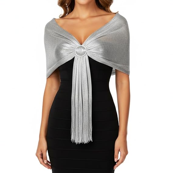 SANNIDHI® Evening Shawl for Women Elegant Silver Metallic Shawl with Fringe & Buckle, Lightweight Sparkling Wrap for Formal Events, Weddings, and Party Outfits
