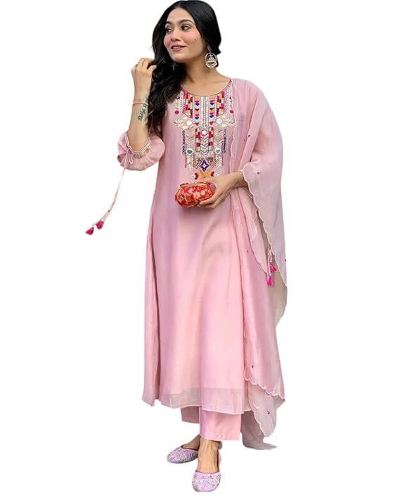 Pulspeak Women’s Cotton Mirror Work Embroidered Straight Kurti With Pant and Dupatta Set
