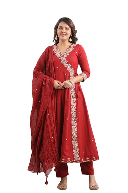 MF Hayat Women Pure Cotton Sequins Embroidered Angrakha Kurti Pant Dupatta Set | V-Neck | 3/4 Sleeves | Traditional Ethnic Wear