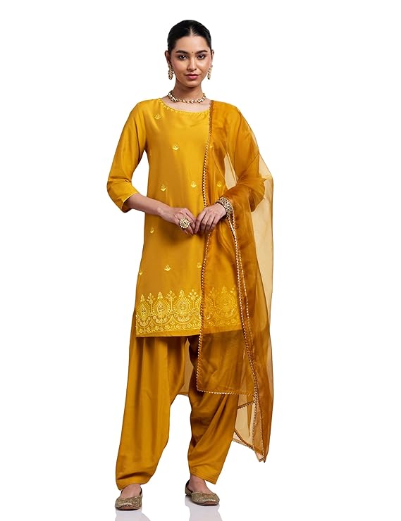 Amazon Brand – Myx Women Straight Embroidered Kurta Set with Organza Dupatta (Available in Plus Sizes)
