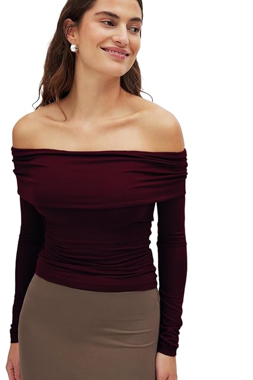 SIGHTBOMB SKIMS Ultra Soft Microfiber Off Shoulder OVERFOLD Ruched Long Sleeve Cuddle TEE SOFTLINE TOP for Women