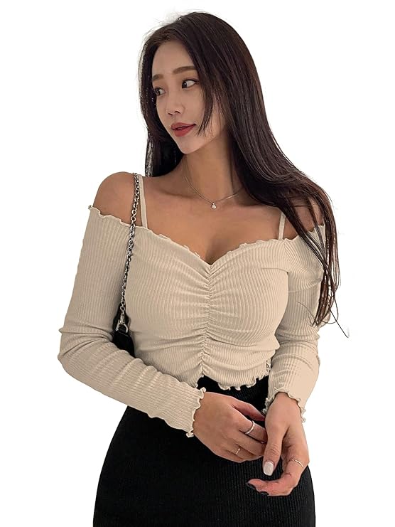 Sugathari Women’s Purple Solid Colour Open Cold Off Shoulder Long Sleeve Lettuce Hem Casual Autumn Trim Tight- Slim Fitting Ruched Front Ladies’ Camisole Top, Tee, T-Shirt (T-Shirt 184)