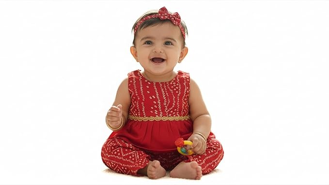 The Root And Craft Kids Birthday Photoshoot Outfit Dress Girls Bandhani printed Top With Dhoti pant & Hairband Born Baby Photography Photoshoot Props(0to 18 Month)