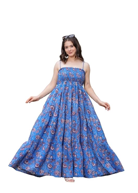 Sollace Attire Floral Maxi Dress, Blue Cotton Smocked Summer Dress with Spaghetti Straps, Floor Length Flared Design, Casual Beach