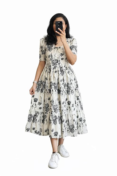 Women’s Pink Bandhani Print Tiered Maxi Dress, Short Sleeve, Square Neck, Cotton