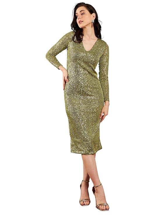 SASSAFRAS Women Sequin V-Neck Midi Dress