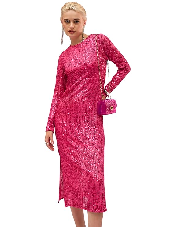 Sassafras Women Sequin Round Neck Side Slit Midi Dress