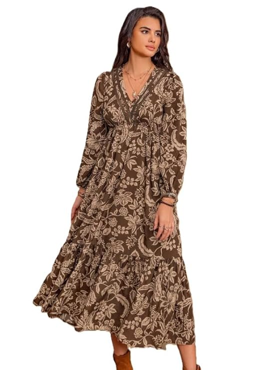 Dress for Women ||Bohemian Brown Print Casual Comfortable Women’s Long Sleeve Maxi Dress|| Popular Autumn Apparel Fashion (D-03-05)