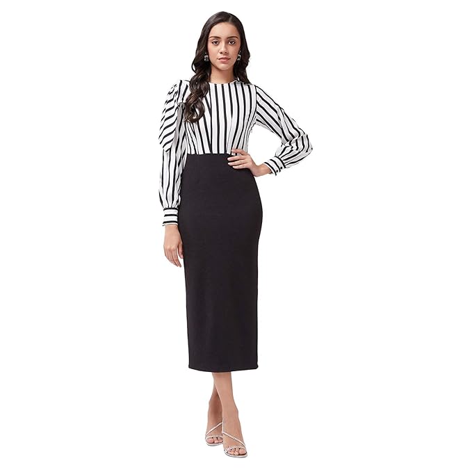 Zima Leto Women’s Black & White Crepe Dress | Striped Long Sleeve Bodycon Midi Dress | Modern Knee-Length Dress for Women | Stylish Party, Cocktail, Wedding, Birthday & Evening Outfit