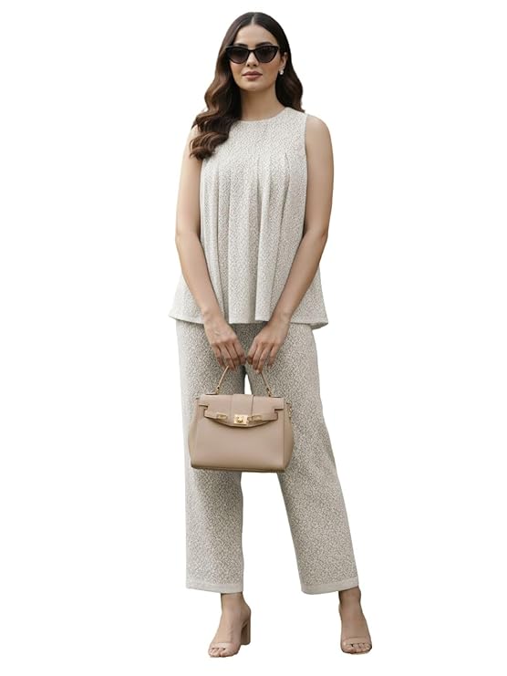 GRECIILOOKS Co-Ord Set for Women stylish | Jumpsuit For Women’s Stylish | Dress | Travel | Sheer Cotton Textured Sleeveless Top And Straight Pants