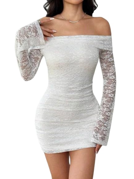 Women’s Off Shoulder Bodycon Mini Dress – Elegant Ruched Short Dress with Long Sleeves | Slim Fit Cocktail Dress for Clubs, Date Night & Evening Outfits (White)