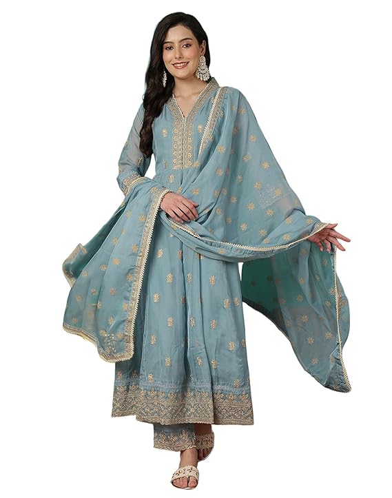 SKYLEE Women’s Silk Blend Embroidery Straight Kurta with Pant & Dupatta