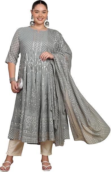Yash Gallery Women’s Georgette Anarkali Kurta with Dupatta|Jaipuri Floral & Border Print | Flared Ghera,Round Notch Neck, 3/4 Sleeves Only Kurta & Dupatta (No Pant)