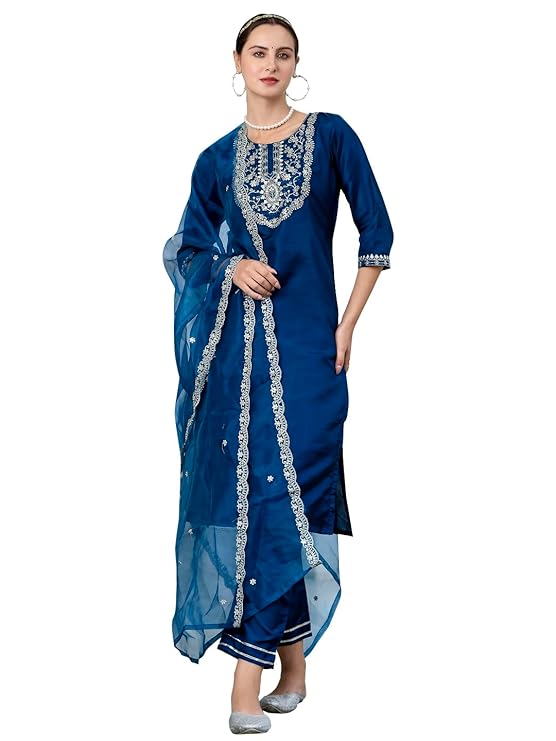 VredeVogel Women’s Silk Blend Embroidered Kurta with Pant & Dupatta Set