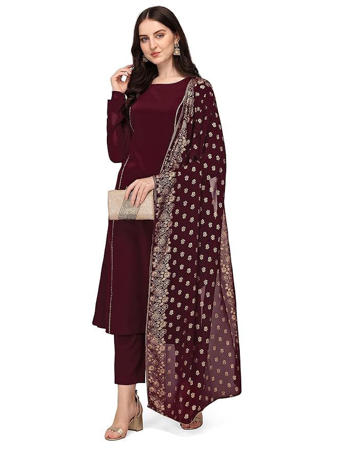 FIORRA Women’s Maroon Poly Crepe Straight Kurta with Pant and Dupatta