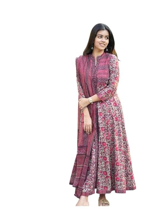 Women’s Cotton Trending Anarkali Printed Kurta with Pants and Dupatta Set | Ethnic Set (Pink)