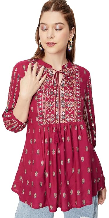Max Women’s Rayon Regular Fit Printed Tie-Up Neck Tunic